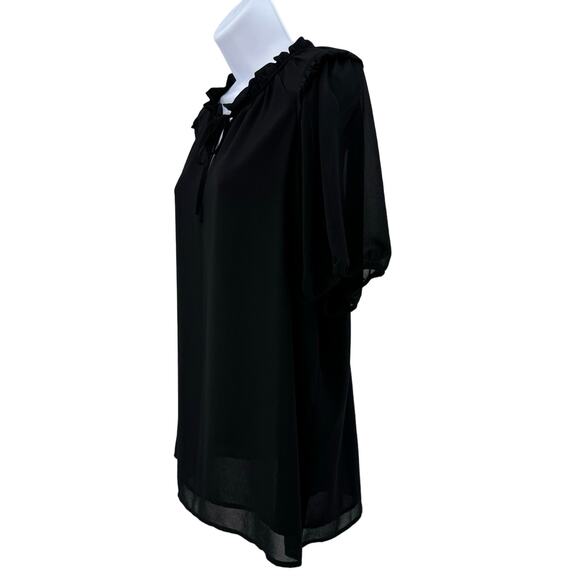 Pleione Black Chiffon Blouse Top Womens XL Ruffle Collar Tie Front Short Sleeve - Picture 4 of 12